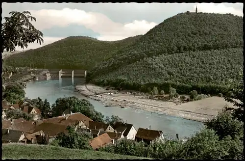 Neckarsteinach Blick zum Dilsberg und Stauwehr Panorama-Ansicht 1960