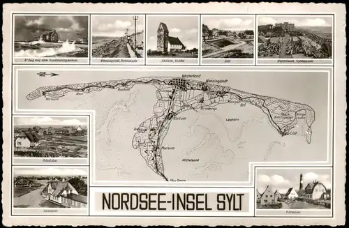 Sylt Insel Sylt Mehrbildkarte mit Ortsansichten u. Landkarte 1957   gelaufen mit Stempel HÖRNUM