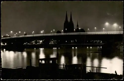 Ansichtskarte Köln Rheinbrücke Neue Brücke beleuchtet 1955