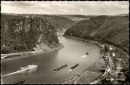 Ansichtskarte Sankt Goar Schiffe passieren Rheintal an der Loreley 1963