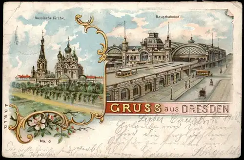 Seevorstadt-Dresden Hauptbahnhof Russisch-Orthodoxe Kirche 2 Bild Litho 1900