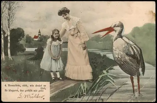 Scherzkarte Mädchen Mutter Klapperstorch Mamachensieh wie dreist er tut 1909