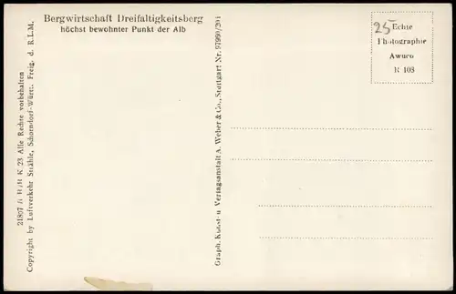 Ansichtskarte Spaichingen Luftbild Bergwirtschafz Dreifaltigkeitsberg 1930