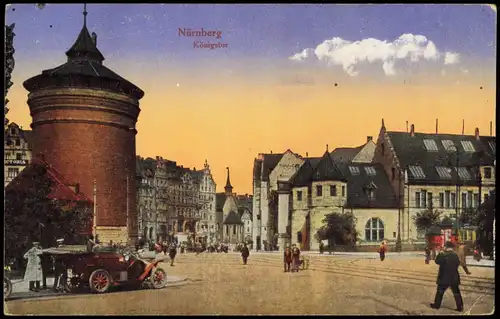 Ansichtskarte Nürnberg Königstor, Auto 1917  gel. Feldpost-Rollstempel,