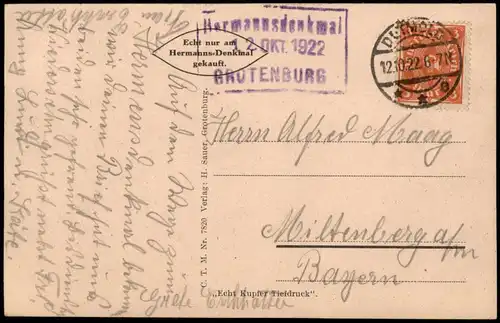 Ansichtskarte Detmold Blick vom Hangstein nach Hermannsdenkmal 1922