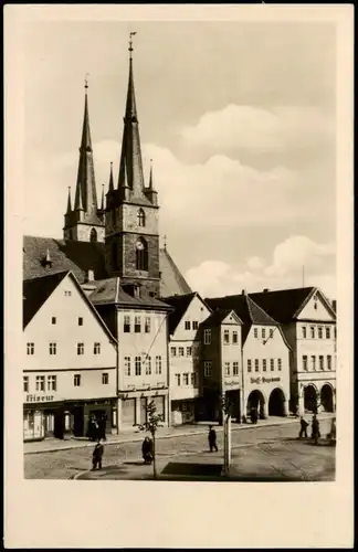 Ansichtskarte Saalfeld (Saale) Markt, Frieseur, Blick zur Kirche 1953