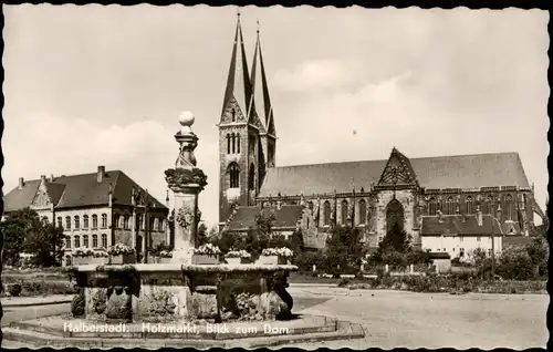 Ansichtskarte Halberstadt Brunnen am Holzmarkt, Blick zum Dom 1962