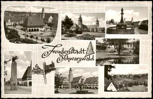 Ansichtskarte Freudenstadt Stadtteilansichten u.a. Markt, Brunnen 1961