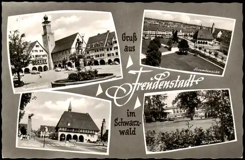 Ansichtskarte Freudenstadt Brunnen, Totale, Stadthalle 1963