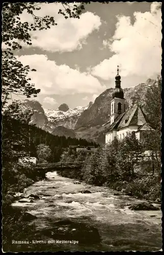 Ramsau bei Berchtesgaden Fluss Partie, Kirche mit Reiteralpe 1957