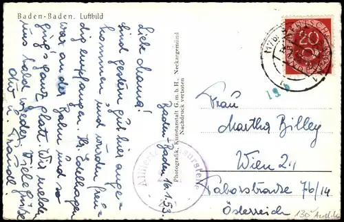 Baden-Baden Luftbild Luftaufnahme 1953   mit Zensurstempel der Alliierten