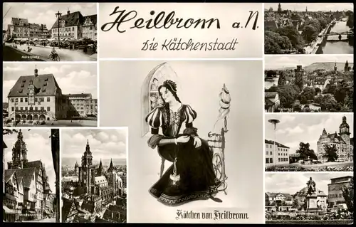 Heilbronn Mehrbildkarte Stadtteilansichten und Kätchen Illustration 1956