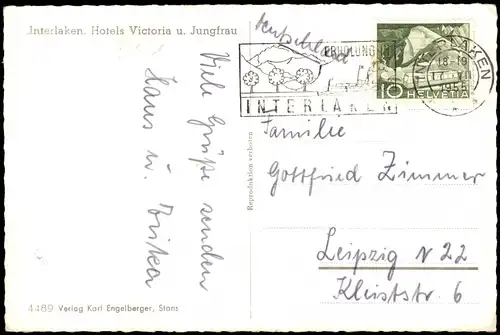 Ansichtskarte Interlaken Hotels Victoria u. Jungfrau 1955