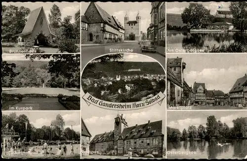 Bad Gandersheim Mehrbild-AK mit Brunnenhaus, Schwimmbad, Rathaus uvm. 1963