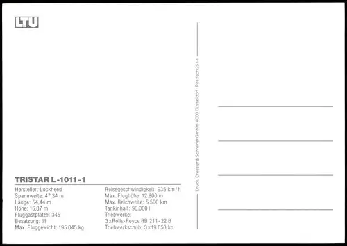 Ansichtskarte  Lockheed TRISTAR L-1011-1 Flugzeug Airplane Avion LTU 1995