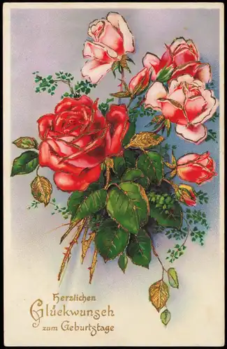 Glückwunsch Geburtstag Birthday, Rosen - Prägekarte 1937 Goldrand