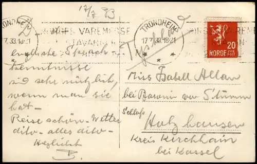 Trondheim Nedre Lerfoss, Wasserfall River Falls 1933   gel Stempel TRONDHEIM