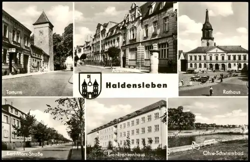 Haldensleben DDR   mit Rathaus Torturm Straßen Krankenhaus Schwimmbad 1967/1965