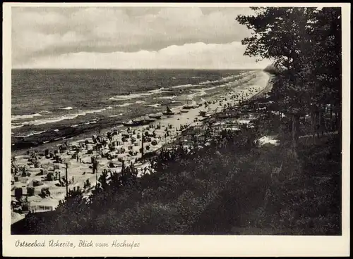 Ansichtskarte Ückeritz (Usedom) Blick vom Hochufer, auf belebten Strand 1935
