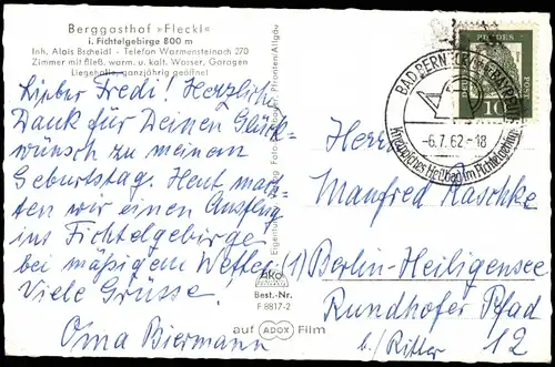 Ansichtskarte  Berg-Gasthof Fleckl im Fichtelgebirge Inh. A. Bscheidl 1962