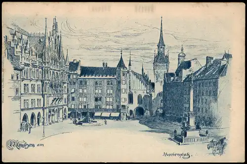 Ansichtskarte München Marienplatz - Künstlerkarte 1928