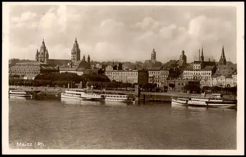 Ansichtskarte Mainz Rheinpromenade und Rhein Schiff Anlegestelle 1941