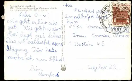 Ansichtskarte  Tempelhofer Landheim Warmensteinach im Fichtelgebirge 1967