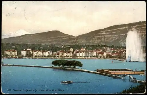 Ansichtskarte Genf Genève La Jetee le Jet d'eau et le Mont Blanc 1910