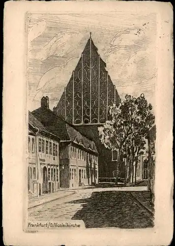 Frankfurt (Oder) Alte Nikolaikirche, Straße - Künstlerkarte 1926