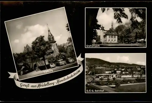 Handschuhsheim-Heidelberg Mehrbild-AK Tiefburg Grahampark O.E.G. Bahnhof 1960