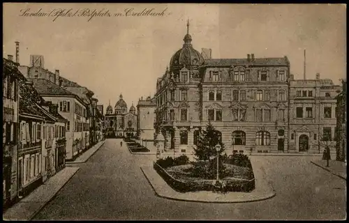 Ansichtskarte Landau in der Pfalz Postplatz mit Creditbank 1922