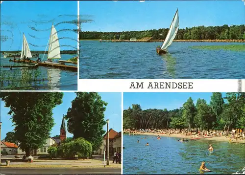 Arendsee (Altmark) Bootssteg mit Segelbooten, Kirche, Strand mit vielen Badegästen 1979