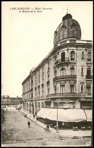 CPA Carcassonne Carcassona Hotel Terminus et Avenue de la Gare 1910