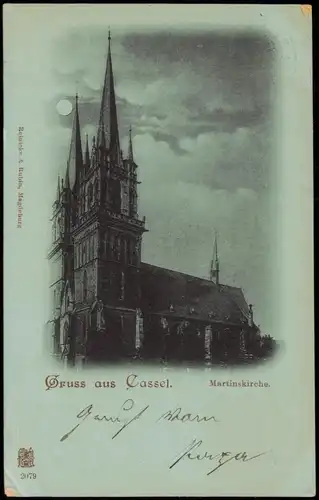 Kassel Cassel Martinskirche, Mondscheinlitho 1900  gel. Germania Lochung