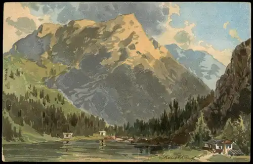 Künstlerkarte (signiert) Tal und Bergmassiv (vermutlich Bayern) 1900