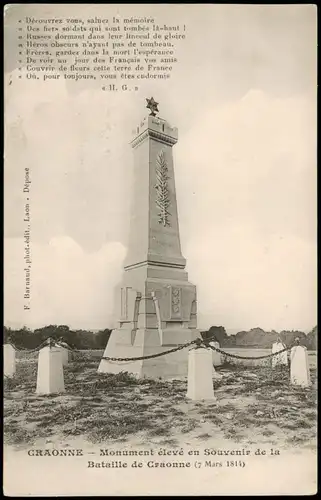 CPA Craonne Monument élevé en Souvenir de la Bataille 1814 1910