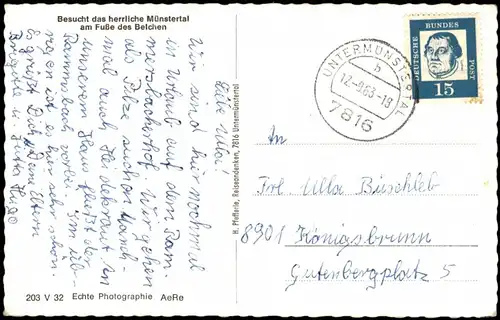 Ansichtskarte Münstertal/Schwarzwald Untermünstertal Schwarzwald 1963