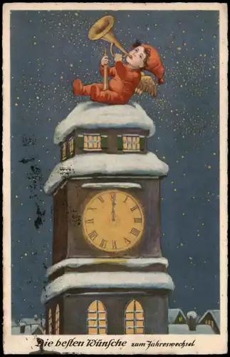 Neujahr Sylvester New Year Engel mit Trompete auf Kirchturm 1933