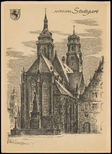 Ansichtskarte Stuttgart Künstlermotiv Ansicht mit Kirche (ANNO 1944) 1950