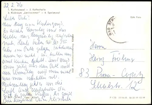 Bad Schmiedeberg DDR Mehrbildkarte Kurhaus Innen & Außen 1976/1975