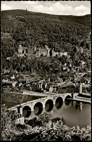 Ansichtskarte Heidelberg Panorama Blick auf Schloß und Alte Brücke 1960