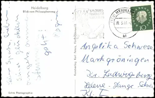 Ansichtskarte Heidelberg Blick vom Philosophenweg; Fernansicht Schloss 1961
