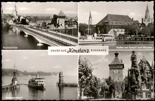 Konstanz Mehrbild-AK Rhein-Brücke, Hafen mit Konzil und Münster 1960