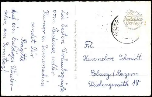 Ansichtskarte Konstanz Bodensee Rhein-Ausfluss mit Schweizer Alpen 1957