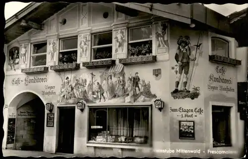 Ansichtskarte Mittenwald Häuser Malerei an Café-Konditorei 1960