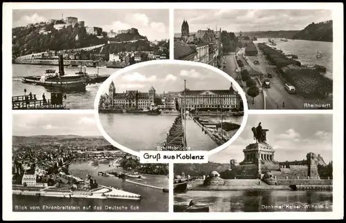 Koblenz Mehrbild-AK mit Ehrenbreitstein, Schiffsbrücke, Rhein-Werft uvm. 1955