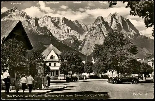 Ansichtskarte Garmisch-Partenkirchen Marktplatz gegen Zugspitzgruppe 1956