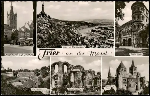 Trier Mehrbildkarte mit Porta Nigra, Hauptmarkt, Mariensäule uvm. 1957