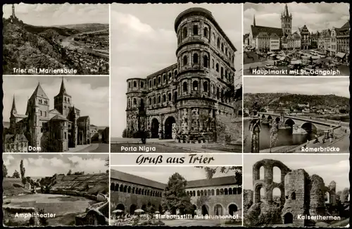 Trier  Porta Nigra Römerbrücke Simeonsstift mit Brunnenhof Kaiserthermen 1961