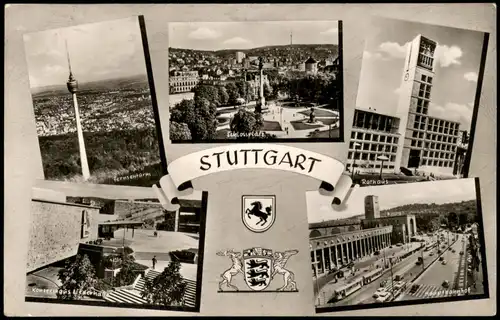 Stuttgart Mehrbild-AK mit Fernsehturm, Rathaus, Haupt-Bahnhof 1964